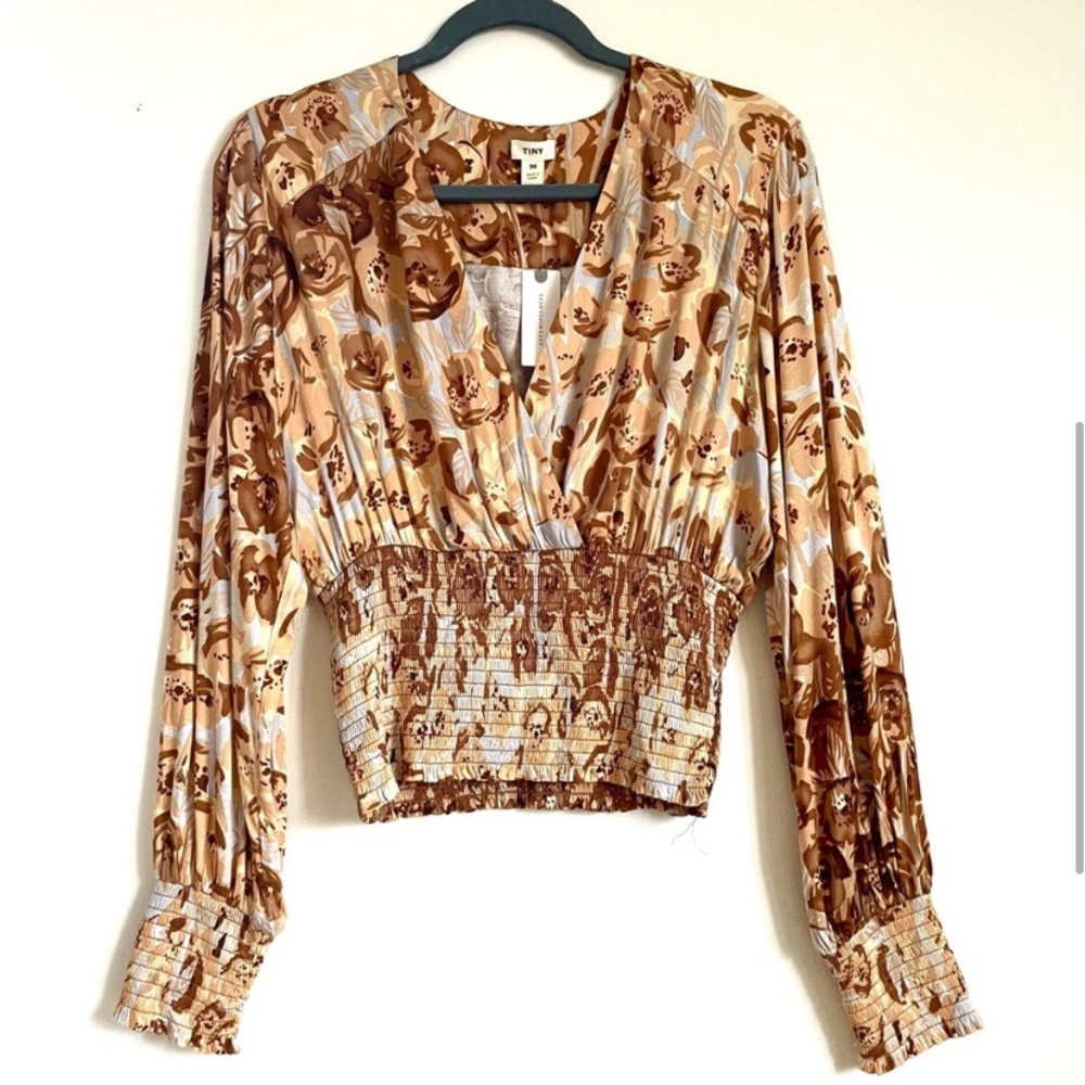 Anthropologie Brown Floral Print smocked Blouse top by Tiny